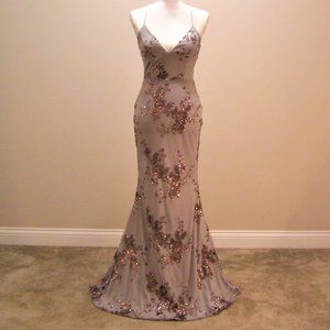 Formal Gown, Dove Grey & Floral Rose Gold Sequins